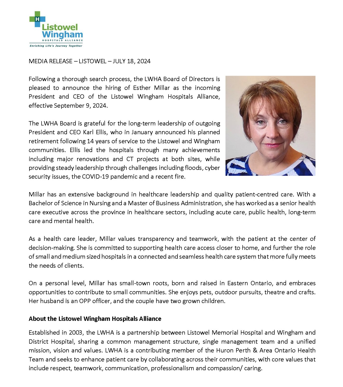 Announcement of LWHA President & CEO - Listowel Wingham Hospital Alliance